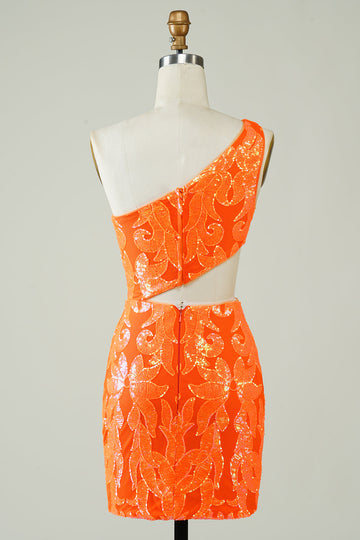 Orange One Shoulder Glitter Homecoming Vestido con hueco